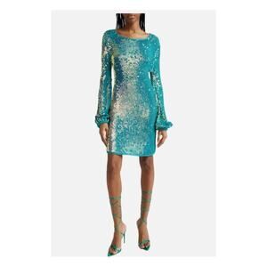 Retrofete NWT Tara Sequin Long Sleeve Crochet Mini Dress Turquoise Blue Green S